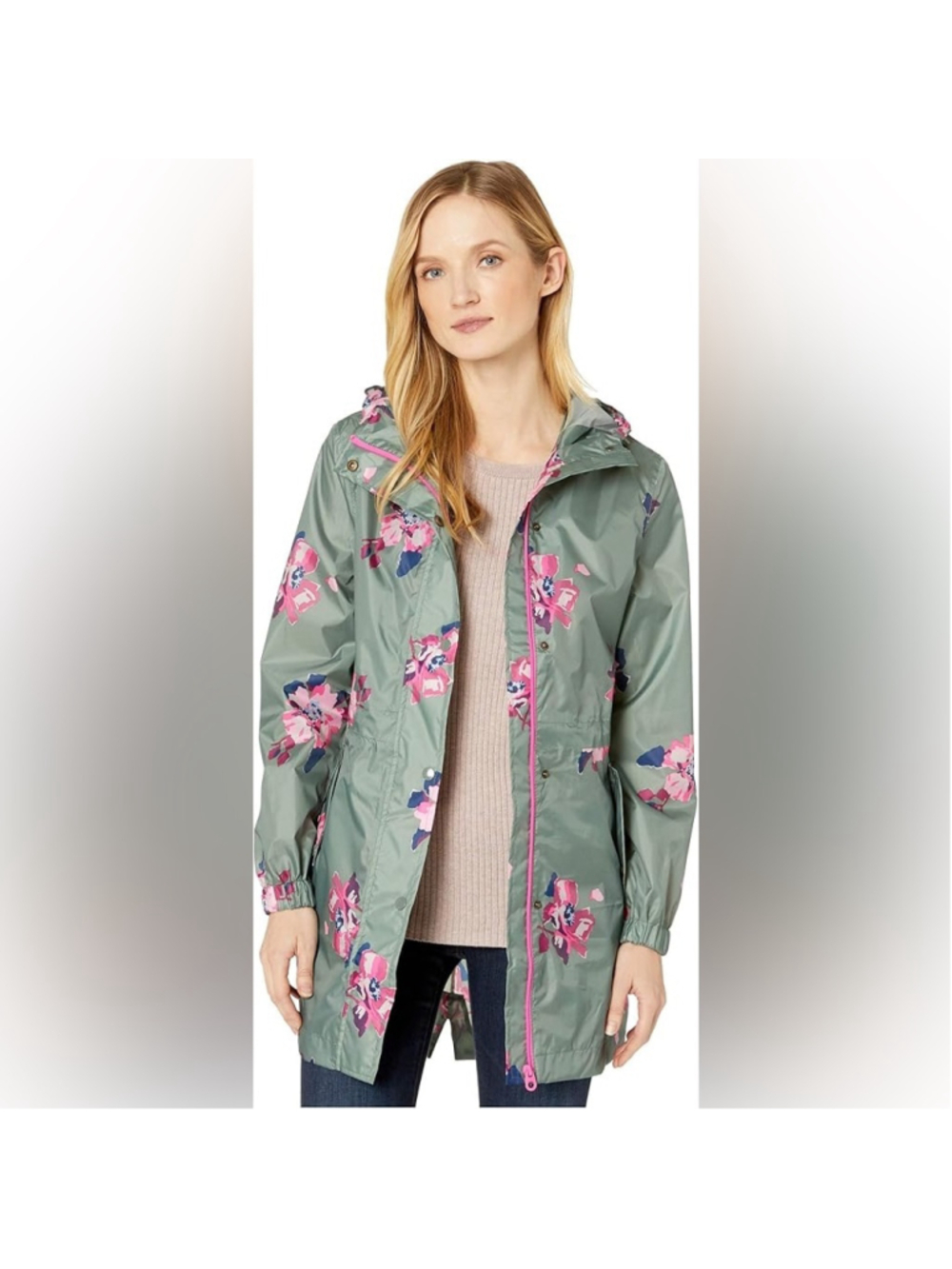 Joules Go Lightly Waterproof Green Floral Packable Rain Jacket Size US 6 - Picture 2 of 9